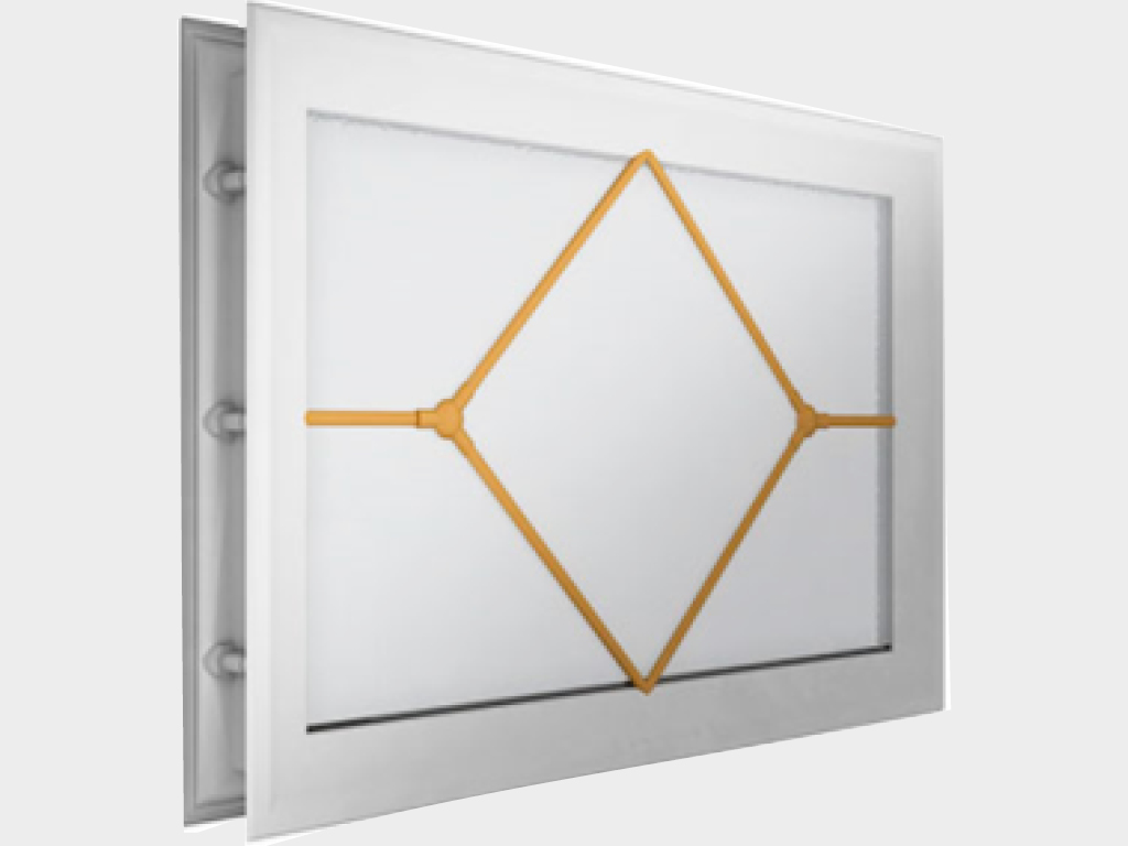 Acrylic window 452 x 302, white with diamond layout (art. DH85629). The special design ensures a tight fit to the door leaf, which protects it from freezing and heat loss. Stylistic insert in the shape of a diamond. White edging.